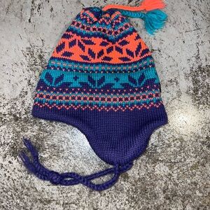 Vintage Smiley Beanie Ski Cap Hat 100% Wool Colorful Purple Orange Tassels